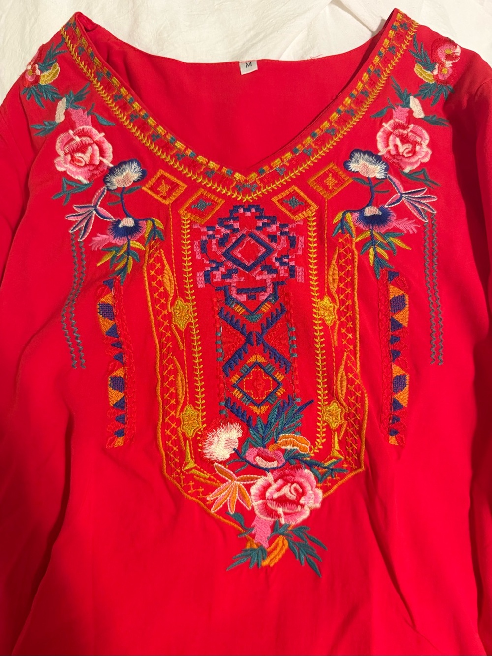 Embroidered V-Neck Floral Tunic - Vibrant Red